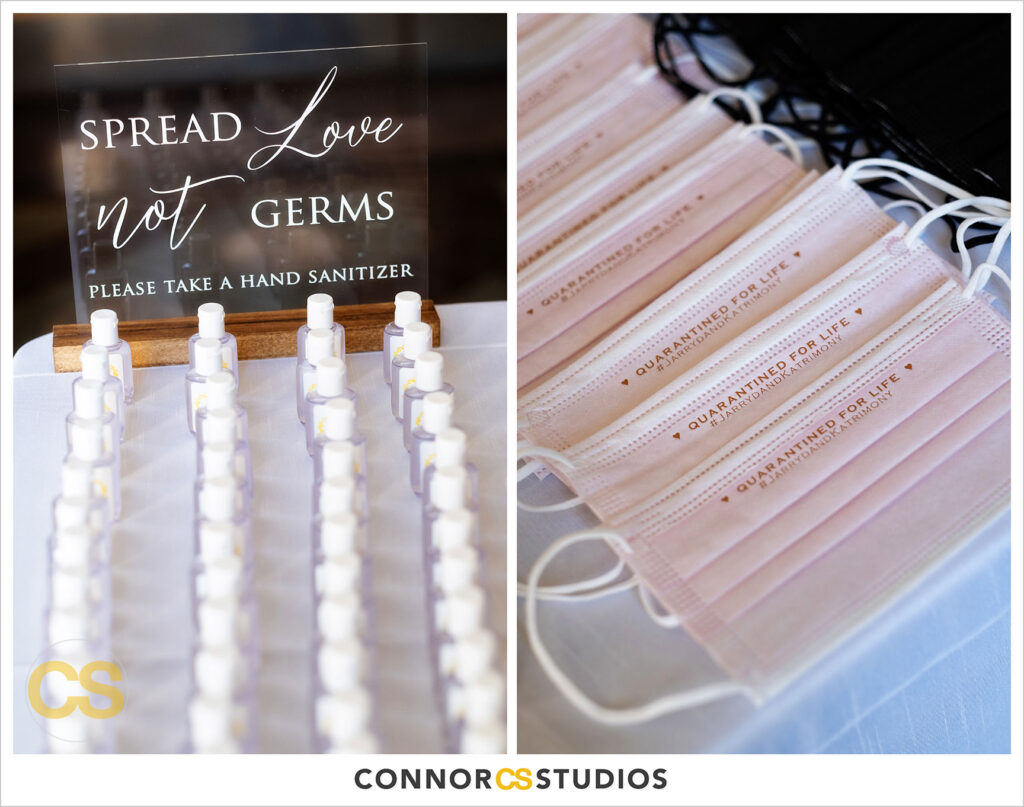 personalized hand sanitizer and masks for a wedding at the national cathedral during covid-19 in washington, dc by connor studios